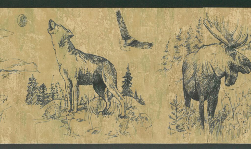 Prepasted Wallpaper Border – Animal Green, Brown Sketched Moose, Wolf, Falcon Wall Border Retro Design, 15 ft x 7 in (4.57m x 17.78cm)