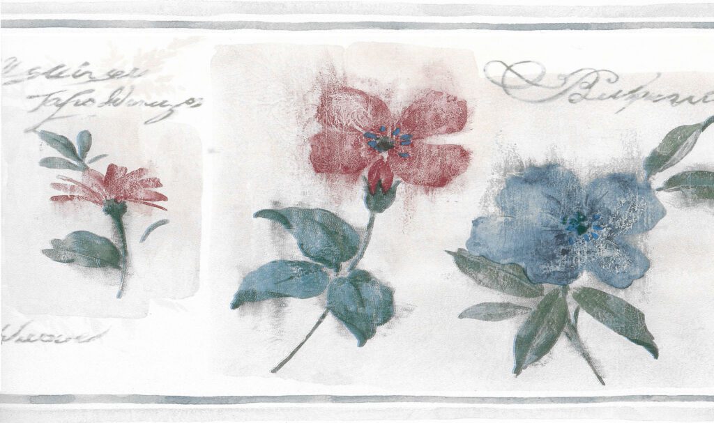 Prepasted Wallpaper Border – Vintage Beige, Blue, Red Flowers Wall Border Retro Design, 15 ft x 8.75 in (4.57m x 22.23cm)