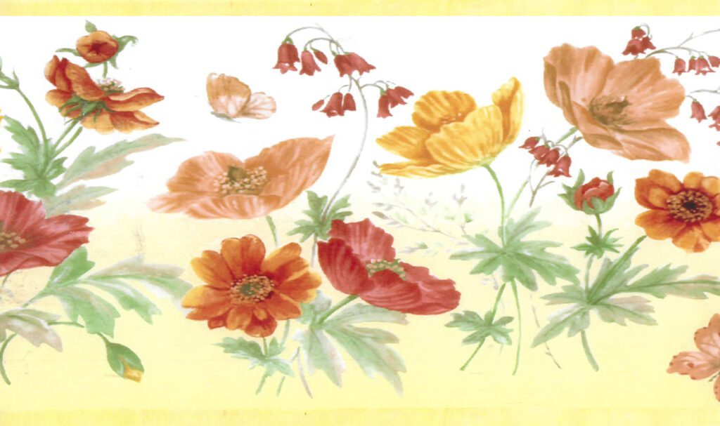 Prepasted Wallpaper Border – Floral Yellow, Green, Red Meadow Flowers, Butterlies Wall Border Retro Design, 15 ft x 6 in (4.57m x 15.24cm)