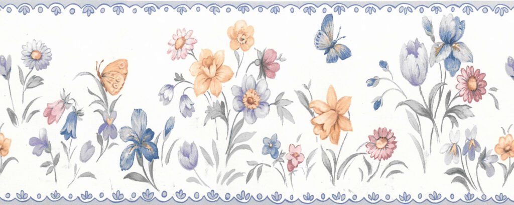 Prepasted Wallpaper Border – Floral Blue, Purple, Green, Pink Flowers, Butterlies Wall Border Retro Design, 15 ft x 3.5 in (4.57m x 8.89cm)