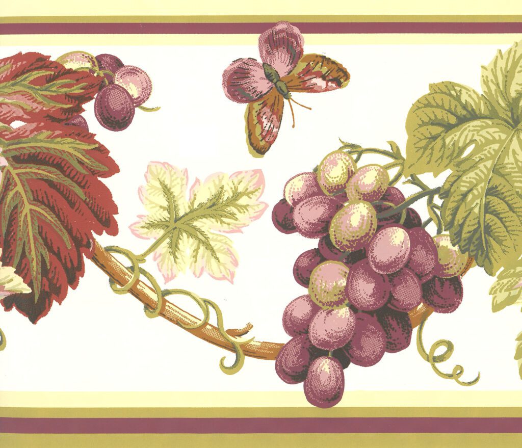 Prepasted Wallpaper Border – Floral Green, Purple, Red, Pink Grapes on Vine Wall Border Retro Design, 15 ft x 8 in (4.57m x 20.32cm)