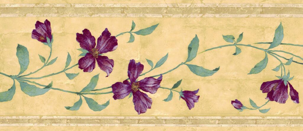 Prepasted Wallpaper Border – Floral Green, Purple, Beige Lilies on Vine Wall Border Retro Design, 15 ft x 7 in (4.57m x 17.78cm)
