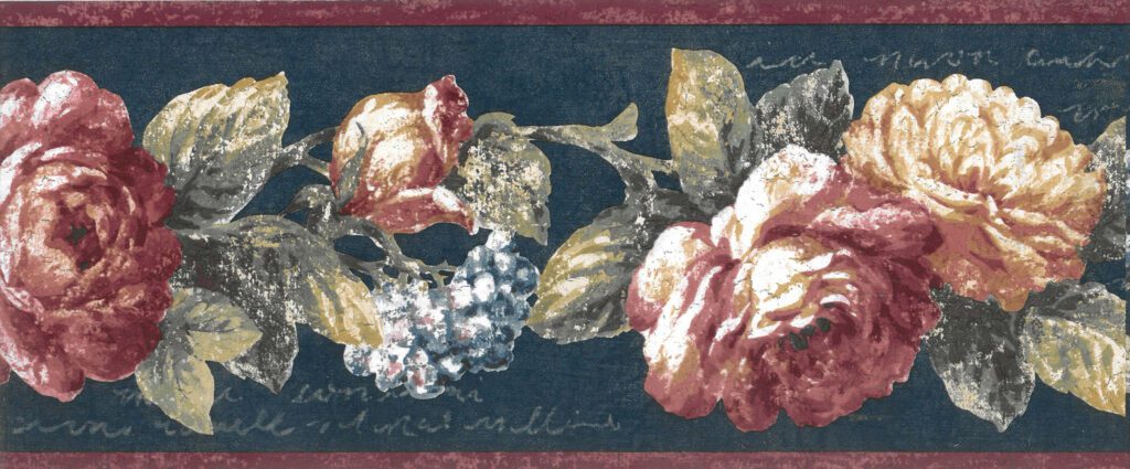 Prepasted Wallpaper Border – Vintage Aegean Blue, Yellow, Maroon Blooming Roses on Vine Wall Border Retro Design, 15 ft x 5.2 in (4.57m x 13.21cm)