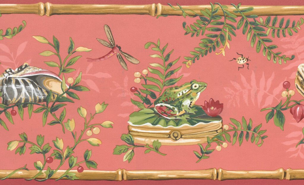 Prepasted Wallpaper Border – Nature Rose Rouge Pink, Green, Brown Frog, Bird, Shell, Bamboo Wall Border Retro Design, 15 ft x 6.8 in (4.57m x 17.27cm)