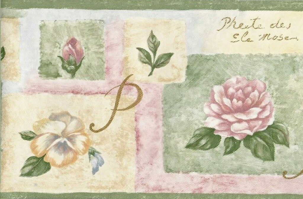 Prepasted Wallpaper Border – Floral Green, Pink, Yellow Flowers Wall Border Retro Design, 15 ft x 6.89 in (4.57m x 17.5cm)