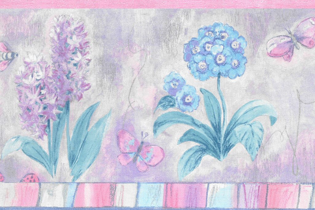 Prepasted Wallpaper Border – Kids Blue, Pink, Purple Flowers, Butterflies Wall Border Retro Design, 15 ft x 9.25 in (4.57m x 23.5cm)