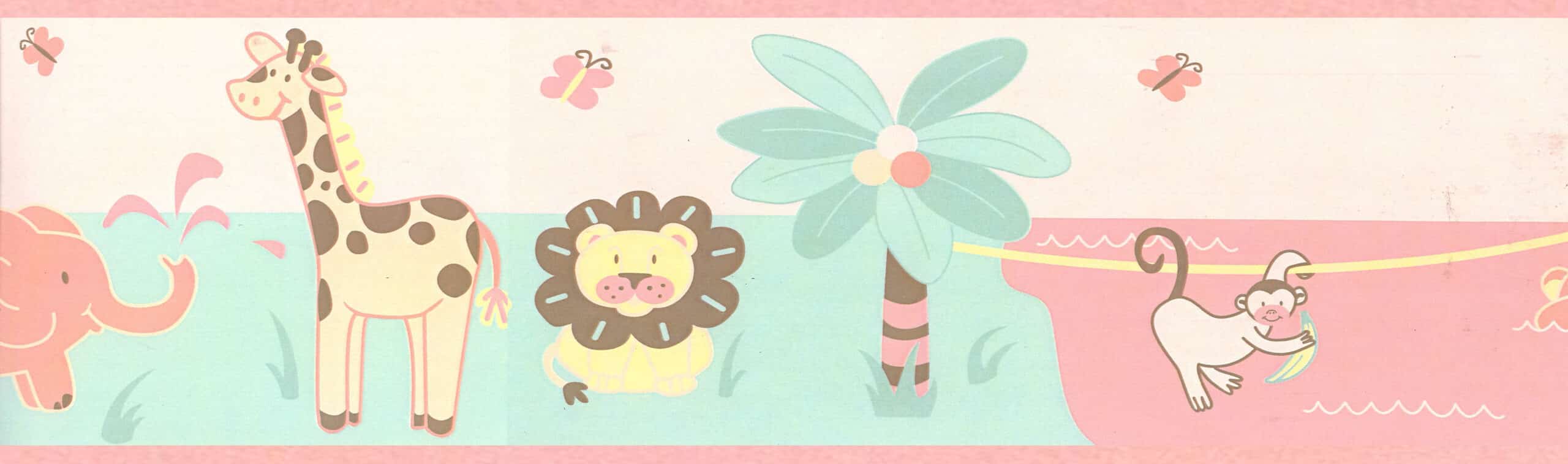 Prepasted Wallpaper Border - Kids Pink, Teal Jungle Animals Wall Border  Retro Design, 30 ft x 6 in ( x ) - Dundee Deco