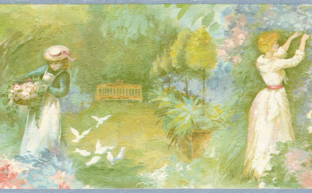 Prepasted Wallpaper Border – Nature Green, Yellow, Pink, Blue Ladies in Garden Wall Border Retro Design, 15 ft x 7 in (4.57m x 17.78cm)