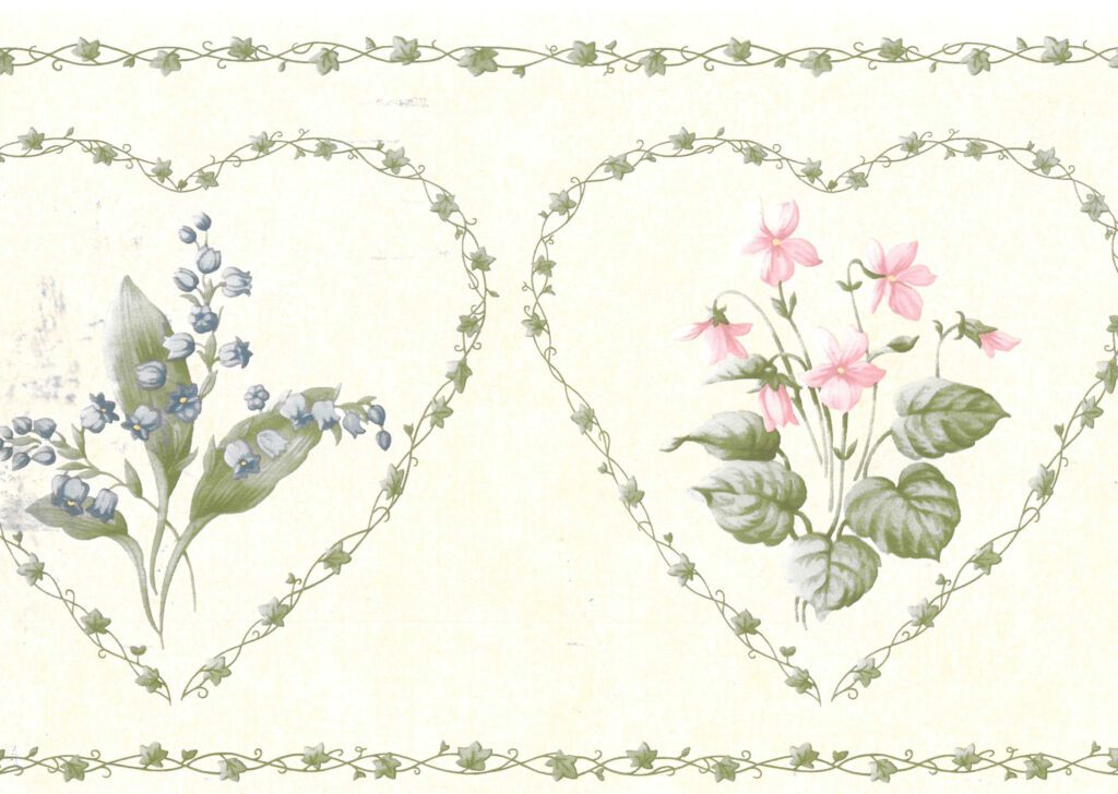 Prepasted Wallpaper Border – Floral Green, Pink, Grey Flowers in Hearts Wall Border Retro Design, 15 ft x 7 in (4.57m x 17.78cm)