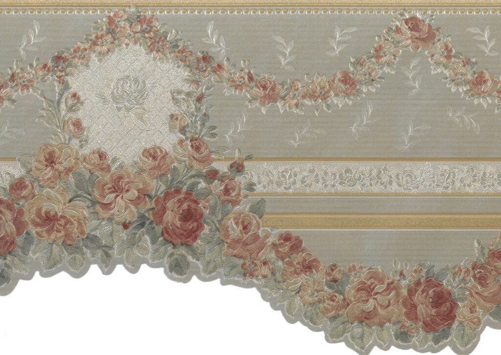 Prepasted Wallpaper Border – Victorian Gold, Green, Pink Roses Garlands Scalloped Wall Border Retro Design, 15 ft x 6.75 in (4.57m x 17.15cm)