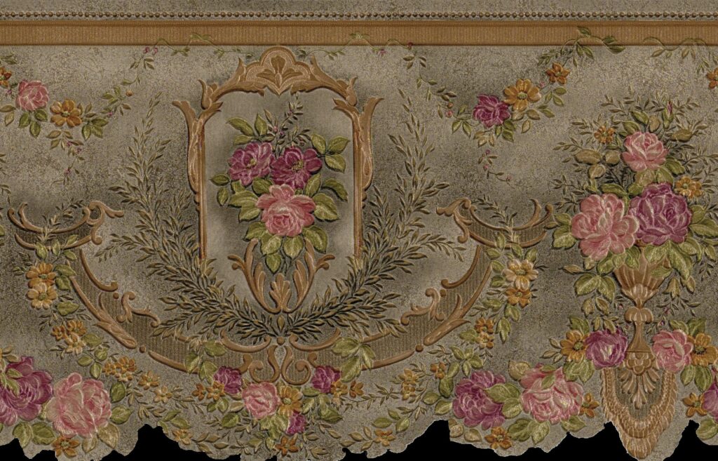 Prepasted Wallpaper Border – Victorian Pink, Green, Gold,  Flowers on Vine Scalloped Wall Border Retro Design, 15 ft x 6.75 in (4.57m x 17.15cm)