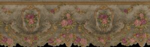 Prepasted Wallpaper Border - Victorian Pink, Green, Gold,  Flowers on Vine Scalloped Wall Border Retro Design, 15 ft x 6.75 in (4.57m x 17.15cm)