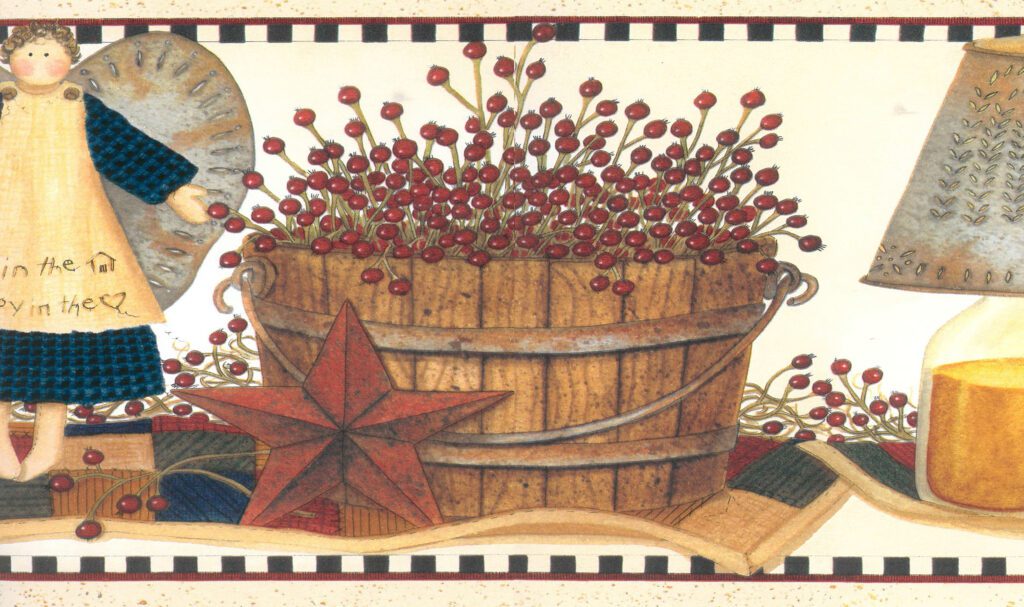 Prepasted Wallpaper Border – Country Beige, Blue, Red Candle, Tin, Star, Angel, Berries in Basket, Wreath Wall Border Retro Design, 15 ft x 7 in (4.57m x 17.78cm)