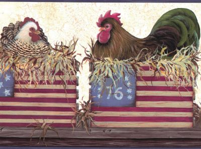Prepasted Wallpaper Border - Patriotic Brown, Green, Beige Crated Hens, US Flag Wall Border Retro Design, 15 ft x 10 in (4.57m x 25.4cm)