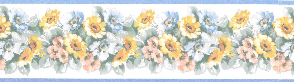 Prepasted Wallpaper Border – Floral Periwinkle, Yellow, Pink Flowers on Vine Wall Border Retro Design, 15 ft x 3.5 in (4.57m x 8.89cm)