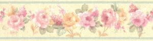 Prepasted Wallpaper Border - Floral Beige, Yellow, Pink, Green Blooming Roses Wall Border Retro Design, 15 ft x 3 in (4.57m x 7.62cm)