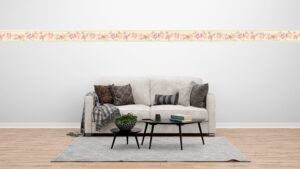 Prepasted Wallpaper Border - Floral Beige, Yellow, Pink, Green Blooming Roses Wall Border Retro Design, 15 ft x 3 in (4.57m x 7.62cm)