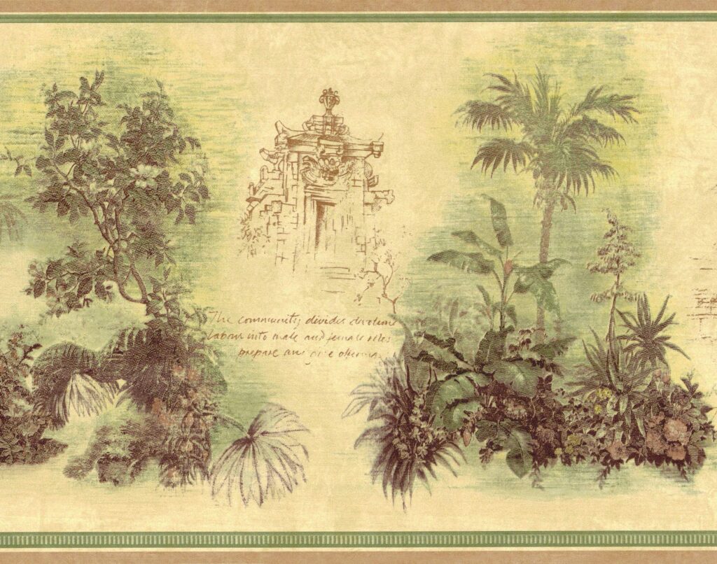 Prepasted Wallpaper Border – Floral Brown, Green, Beige Palm Trees, Ancient Buildings Wall Border Retro Design, 15 ft x 10.25 in (4.57m x 26.04cm)