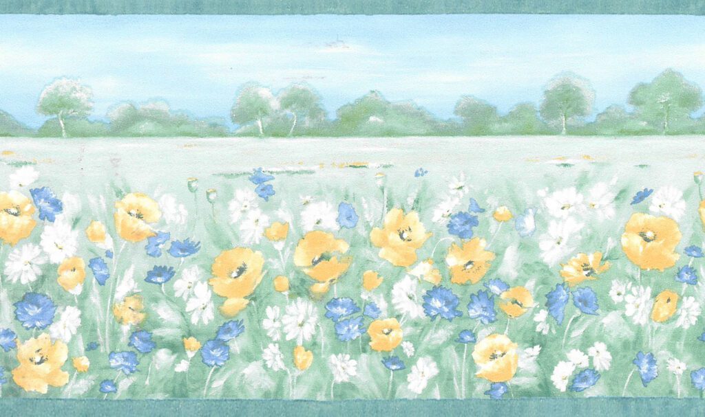 Prepasted Wallpaper Border – Floral Green, Blue, Yellow, White Meadow Flowers Wall Border Retro Design, 15 ft x 4.2 in (4.57m x 10.67cm)
