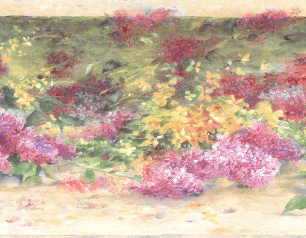 Prepasted Wallpaper Border – Floral Green, Orange, Pink, Purple Meadow Flowers Wall Border Retro Design, 15 ft x 10.5 in (4.57m x 26.67cm)