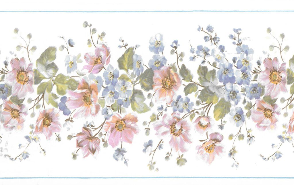 Prepasted Wallpaper Border – Floral Beige, Green, Blue, Pink Flowers on Vine Wall Border Retro Design, 15 ft x 4.25 in (4.57m x 10.8cm)