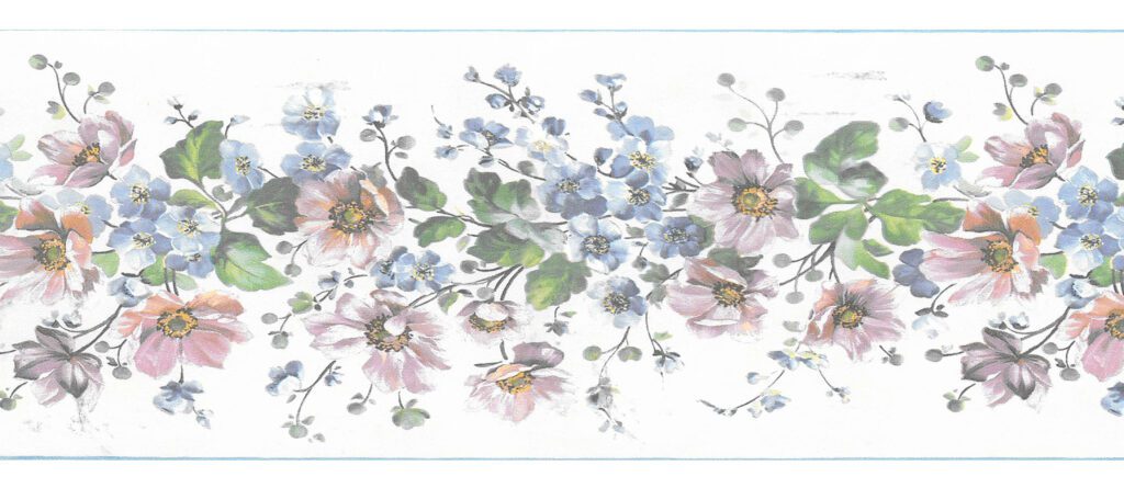 Prepasted Wallpaper Border – Floral Beige, Pink, Green, Blue Flowers on Vine Wall Border Retro Design, 15 ft x 4.25 in (4.57m x 10.8cm)