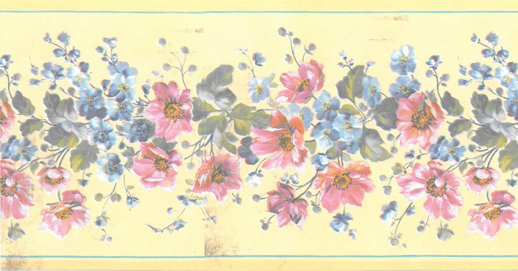 Prepasted Wallpaper Border – Floral Yellow, Pink, Blue Flowers on Vine Wall Border Retro Design, 15 ft x 4.25 in (4.57m x 10.8cm)
