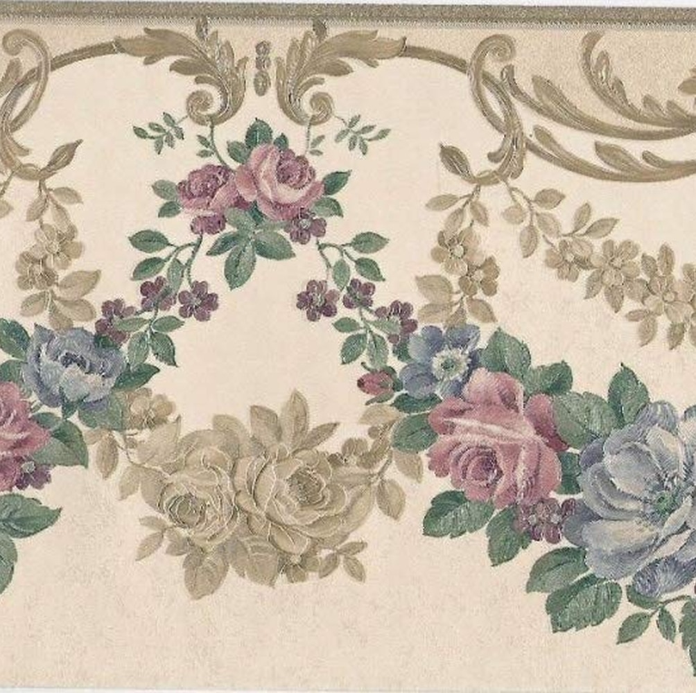 Prepasted Wallpaper Border – Victorian Green, Pink, Gold, Blue Roses Garlands, Crown Molding Wall Border Retro Design, 15 ft x 7 in (4.57m x 17.78cm)