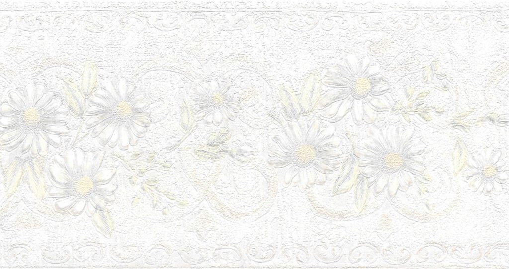 Prepasted Wallpaper Border – Floral Pearl, Off-White, Green Flowers, Scrolls Wall Border Retro Design, 15 ft x 5.25 in (4.57m x 13.34cm)