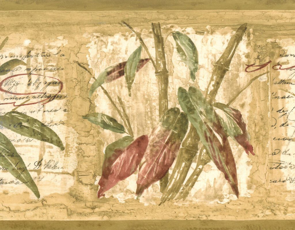 Prepasted Wallpaper Border – Vintage Green, Beige, Brown Bamboo, Script Wall Border Retro Design, 15 ft x 8 in (4.57m x 20.32cm)