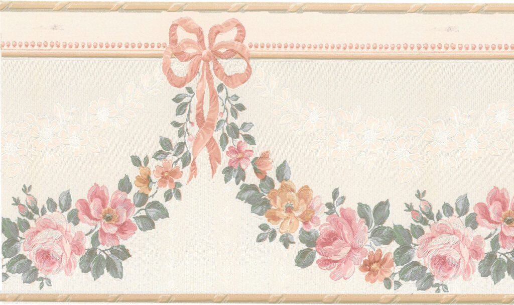 Prepasted Wallpaper Border – Floral Beige, Pink, Green Flowers in Garland Wall Border Retro Design, 15 ft x 5.25 in (4.57m x 13.34cm)