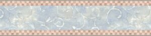 Prepasted Wallpaper Border - Damask Blue, Grey, Pink Scrolls Wall Border Retro Design, 15 ft x 6.4 in (4.57m x 16.26cm)