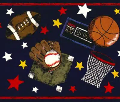 Unpasted Wallpaper Border - Sports Red, Black, White, Navy Ball, Stars, Helmet, Bat Wall Border Retro Design, 15 ft x 9 in (4.57m x 22.86cm)