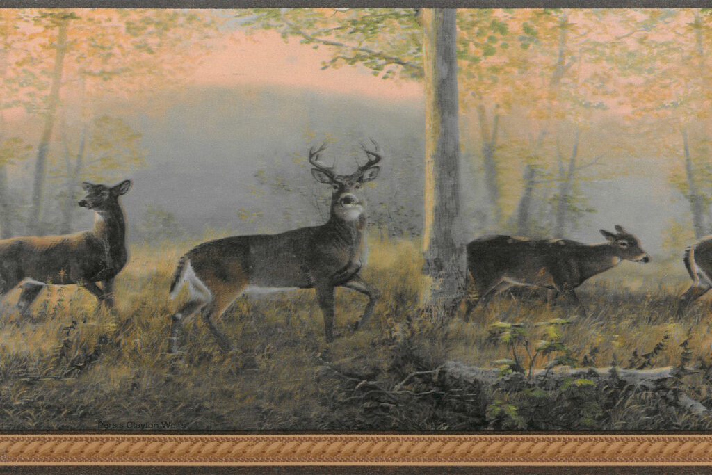Prepasted Wallpaper Border – Animal Brown, Green, Yellow Deer in Forest Wall Border Retro Design, 15 ft x 6.5 in (4.57m x 16.51cm)