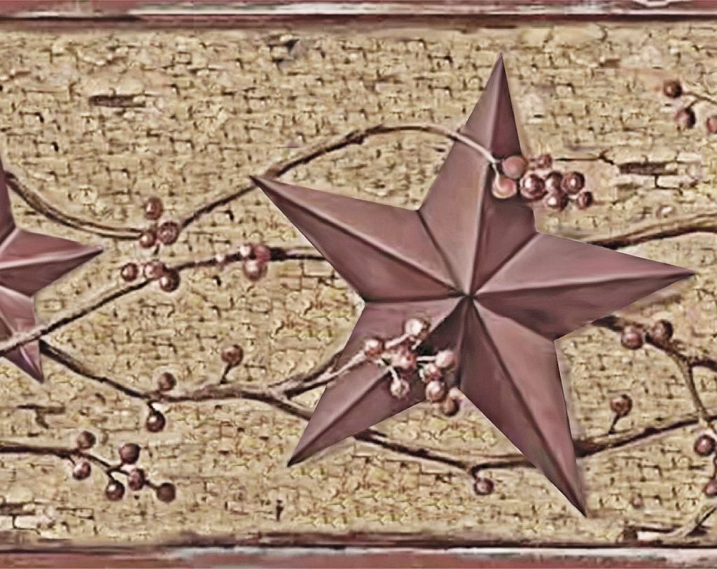 Peel and Stick Wallpaper Border – Patriotic Beige, Brown, Maroon Red Tin Star, Berries on Vine Wall Border Retro Design, 15 ft x 7 in (4.57m x 17.78cm), Self Adhesive