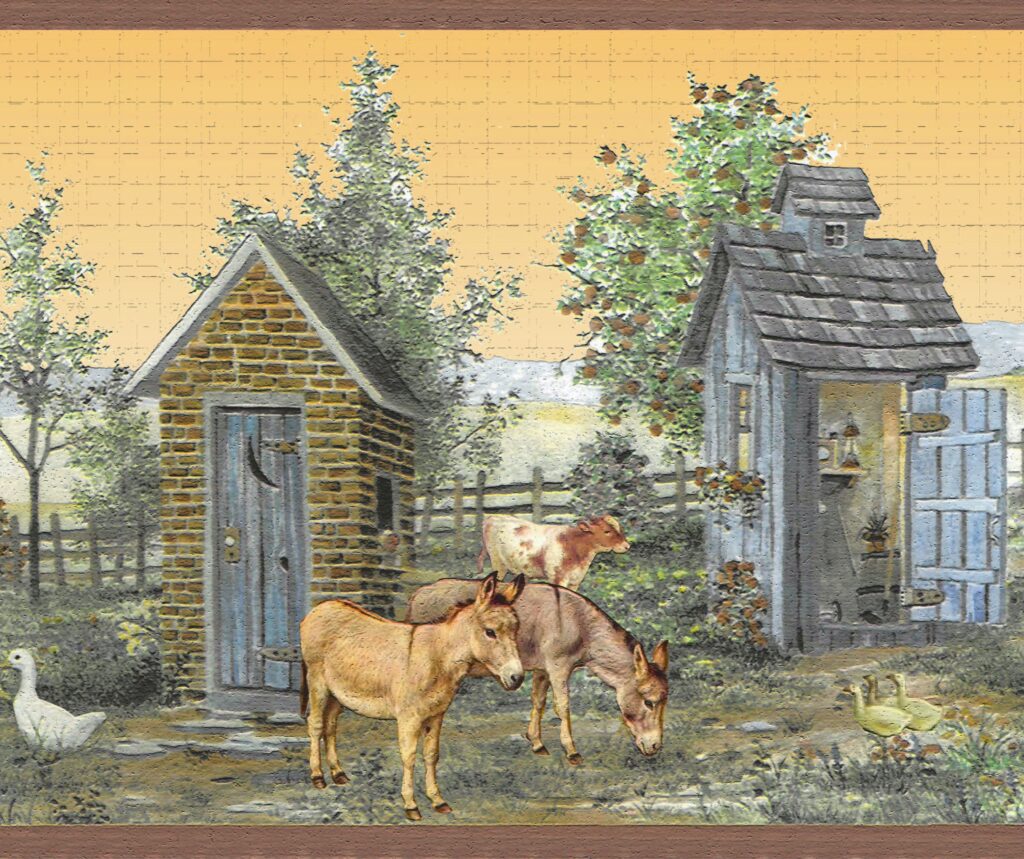 Peel and Stick Wallpaper Border – Country Brown, Beige Outhouses, Farm Animals Wall Border Retro Design, 15 ft x 7 in (4.57m x 17.78cm), Self Adhesive