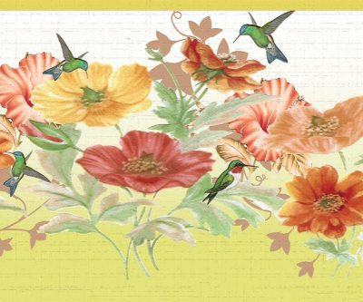 Peel and Stick Wallpaper Border - Floral Orange, Pink, Yellow Flowers, Hummingbird Wall Border Retro Design, 15 ft x 7 in (4.57m x 17.78cm), Self Adhesive