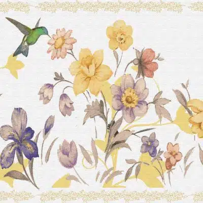 Peel and Stick Wallpaper Border - Floral Purple, Cream, Pink Flowers, Hummingbird Wall Border Retro Design, 15 ft x 7 in (4.57m x 17.78cm), Self Adhesive