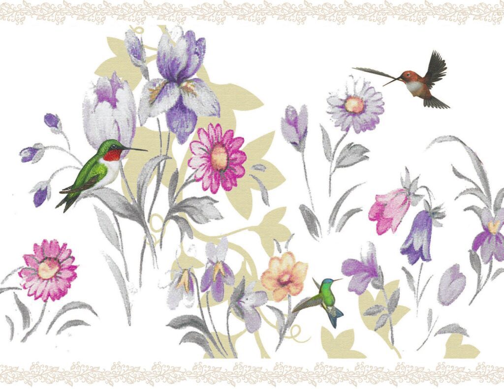 Peel and Stick Wallpaper Border – Floral Purple, Cream, Pink Flowers, Hummingbird Wall Border Retro Design, 15 ft x 7 in (4.57m x 17.78cm), Self Adhesive