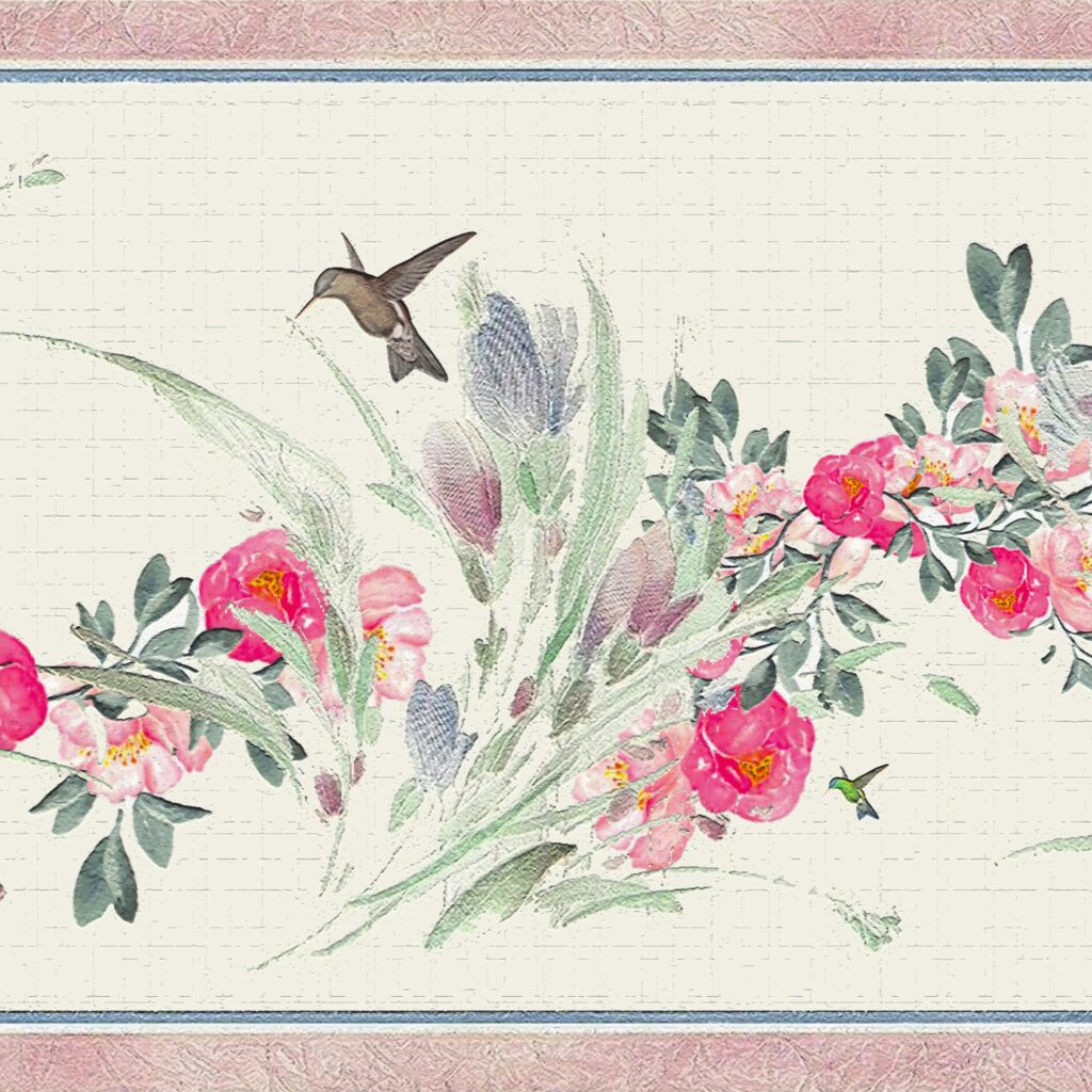 Peel and Stick Wallpaper Border – Floral Red, Pink, Green, Blue Bouquet, Hummingbird Wall Border Retro Design, 15 ft x 7 in (4.57m x 17.78cm), Self Adhesive