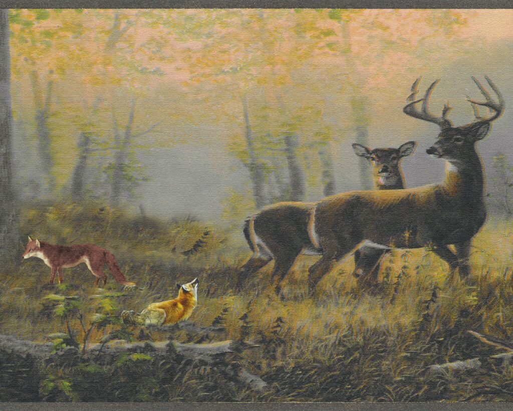 Peel and Stick Wallpaper Border – Nature Grey, Red, Yellow Deer, Fox in the Forest Wall Border Retro Design, 15 ft x 7 in (4.57m x 17.78cm), Self Adhesive