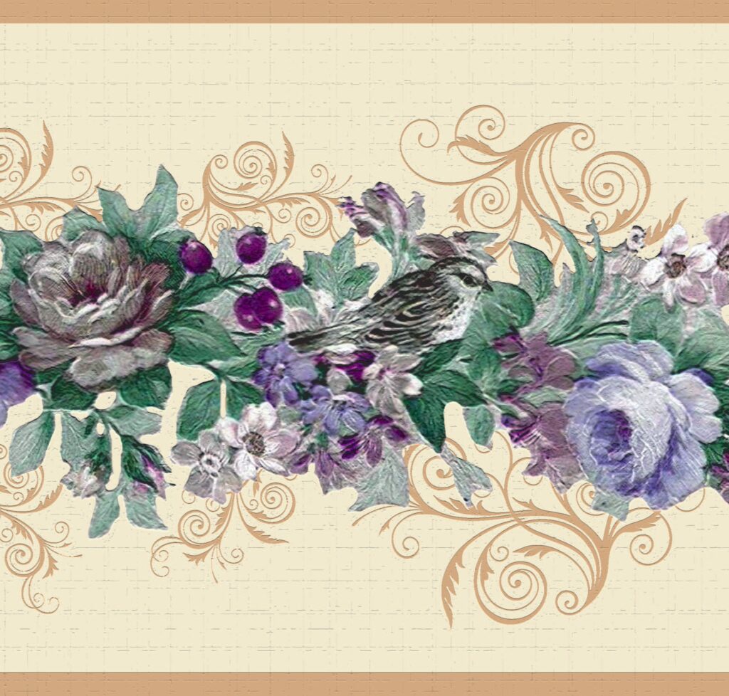 Peel and Stick Wallpaper Border – Floral Purple, Blue, Green, Beige Flowers on Vine Wall Border Retro Design, 15 ft x 7 in (4.57m x 17.78cm), Self Adhesive