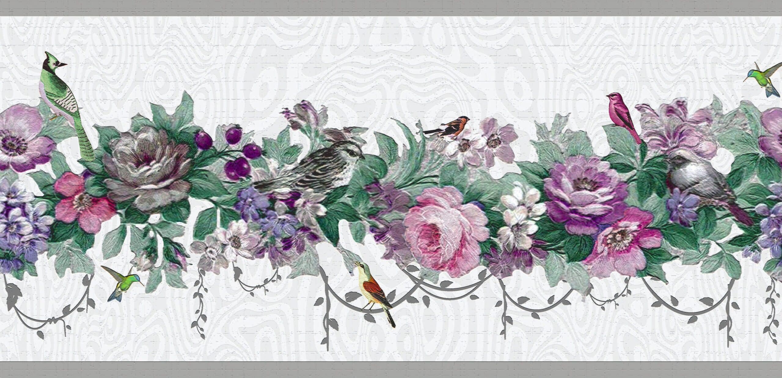 Peel and Stick Wallpaper Border - Floral Pink, Purple Flowers, Birds Wall  Border Retro Design, 15 ft x 7 in ( x ), Self Adhesive - Dundee  Deco