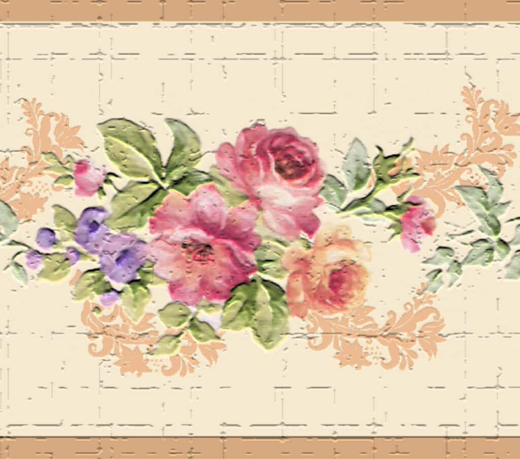 Peel and Stick Wallpaper Border – Floral Pink, Yellow, Cream Blooming Roses Wall Border Retro Design, 15 ft x 7 in (4.57m x 17.78cm), Self Adhesive