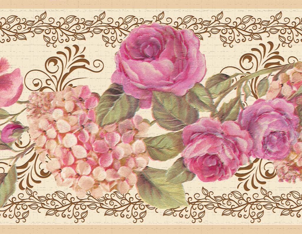 Peel and Stick Wallpaper Border – Floral Pink, Cream Roses, Scrolls, Hydrangea Wall Border Retro Design, 15 ft x 7 in (4.57m x 17.78cm), Self Adhesive