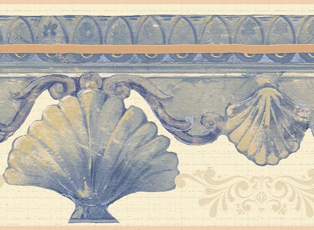 Peel and Stick Wallpaper Border – Victorian Blue, Cream Shells, Scrolls Wall Border Retro Design, 15 ft x 7 in (4.57m x 17.78cm), Self Adhesive