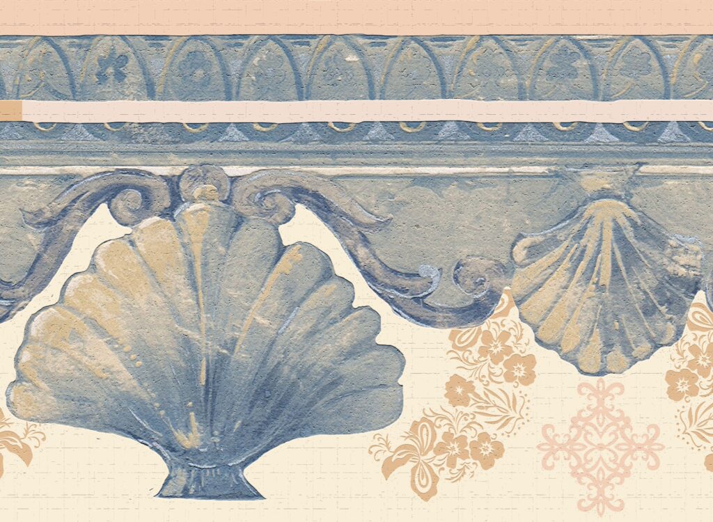 Peel and Stick Wallpaper Border – Victorian Blue, Ivory White Shells, Scrolls Wall Border Retro Design, 15 ft x 7 in (4.57m x 17.78cm), Self Adhesive