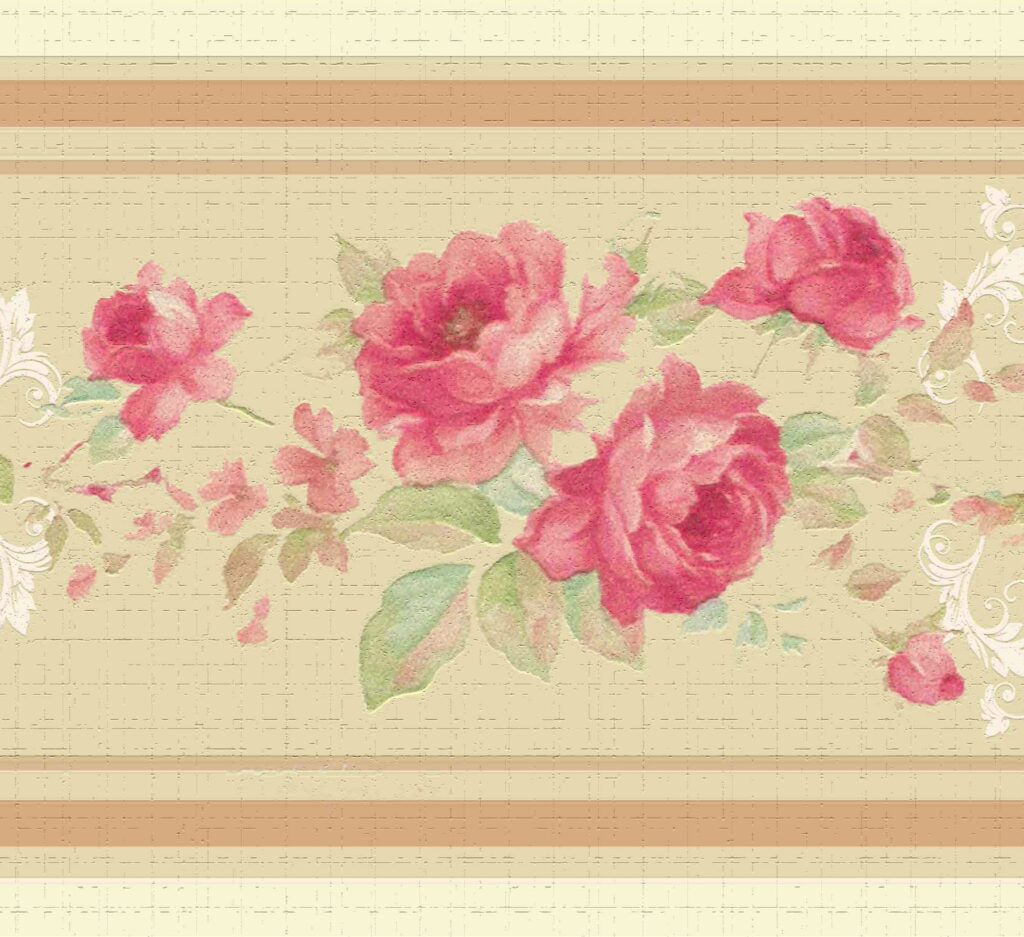 Peel and Stick Wallpaper Border – Floral Red, Beige Bloomed Roses Wall Border Retro Design, 15 ft x 7 in (4.57m x 17.78cm), Self Adhesive