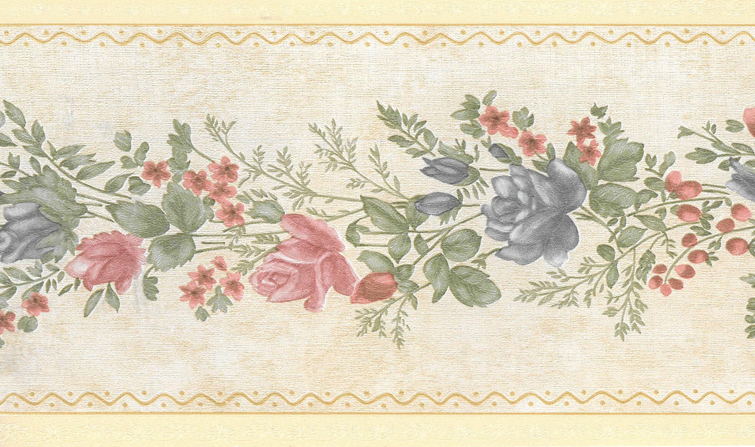 Floral Pink, Red, Blue Blooming Roses on Vine Wall Border Retro