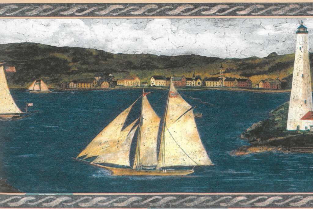 Prepasted Wallpaper Border – Country Blue, Brown, Green Lighthouse, Sailboat, Town by River Wall Border Retro Design, 15 ft x 6.87 in (4.57m x 17.45cm)